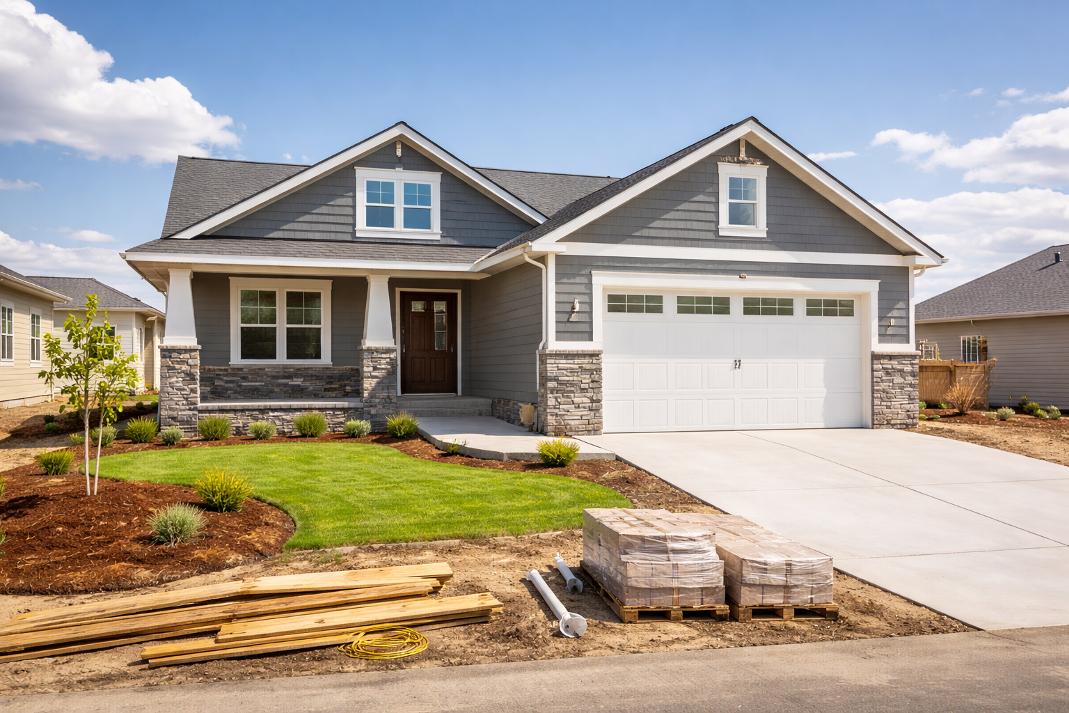 Newly built home in a residential neighborhood illustrating why a new construction home inspection is important before closing on a new house.