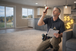 Home inspector evaluating a residential property illustrating home inspection costs and services in North Idaho.